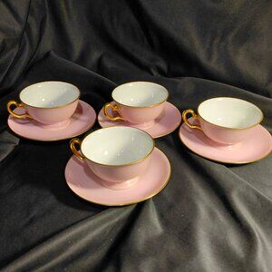 FOUR Vintage Okura,  "Iromaki Pink" pattern saucers &  teacups  Made in Japan